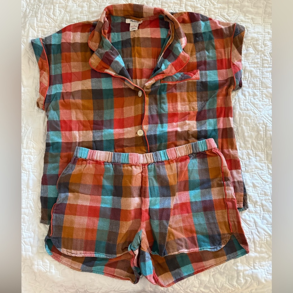 Madewell bedtime PJ set in rainbow check